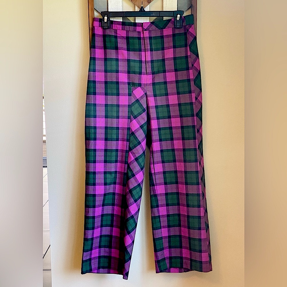 RARE EUC COLLINA STRADA M LEFT EYE PLAID WIDE LEG BIAS CUT 29.5x26 TROUSER PANTS